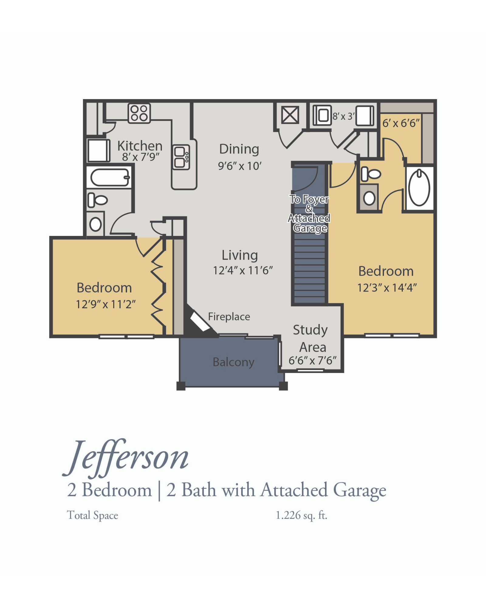 Jefferson Floor Plan, 2 Bedrooms, 2 Baths