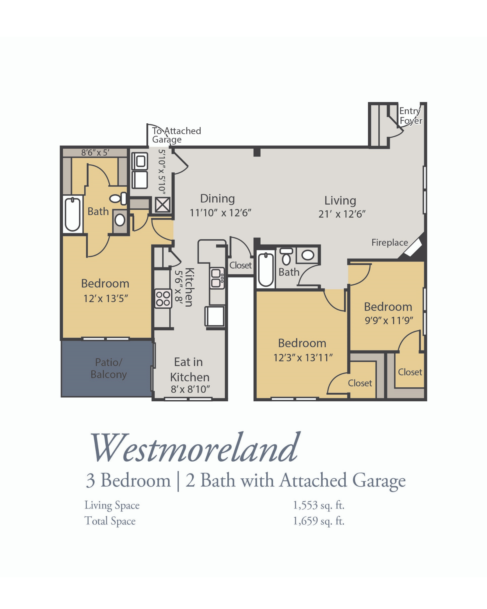 Westmoreland downstairs floor plan, 3 Bedrooms, 2 Baths