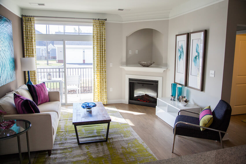 Living room with view of fireplace