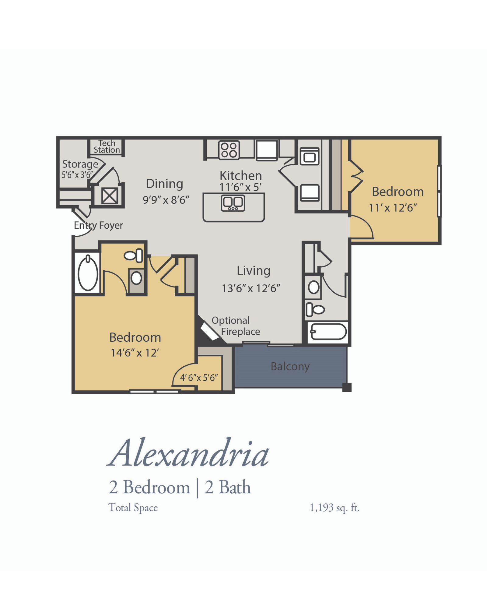 Alexandria Floor Plan, 2 Bedrooms, 2 Baths