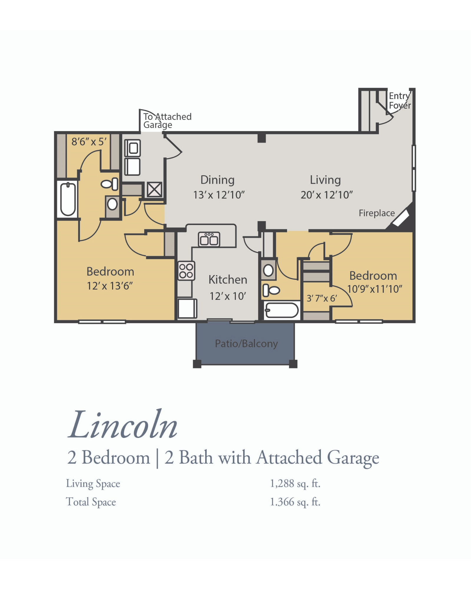Lincoln Floor Plan, 2 Bedrooms, 2 Baths
