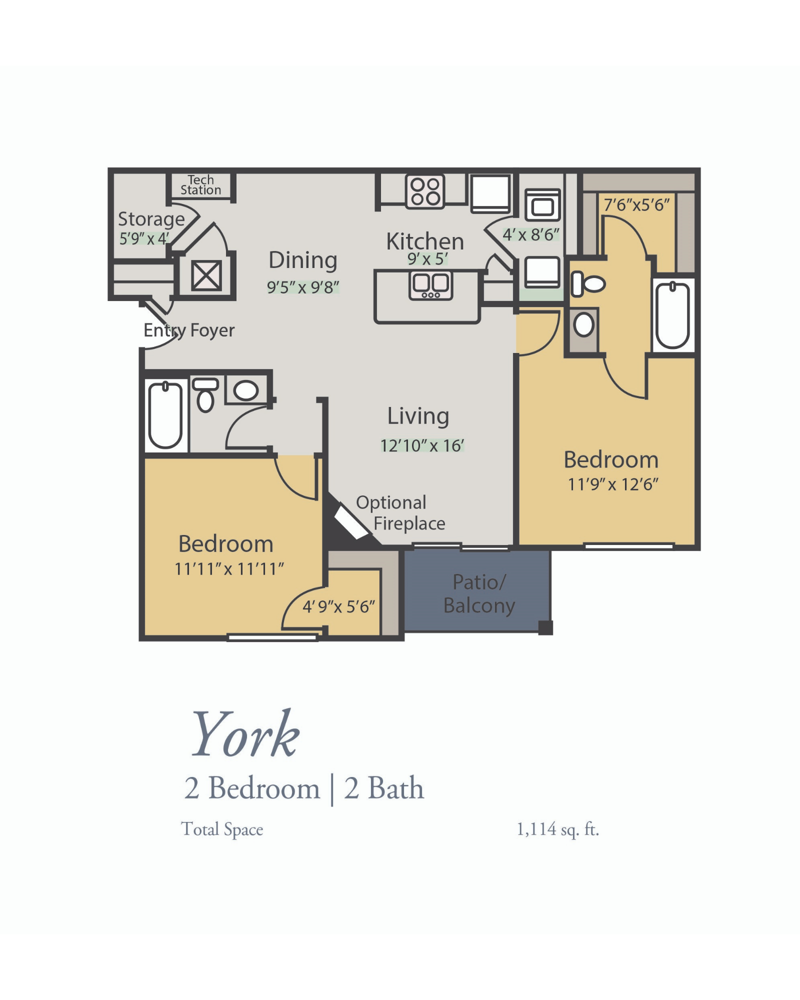 York Floor Plan, 2 Bedrooms, 2 Baths