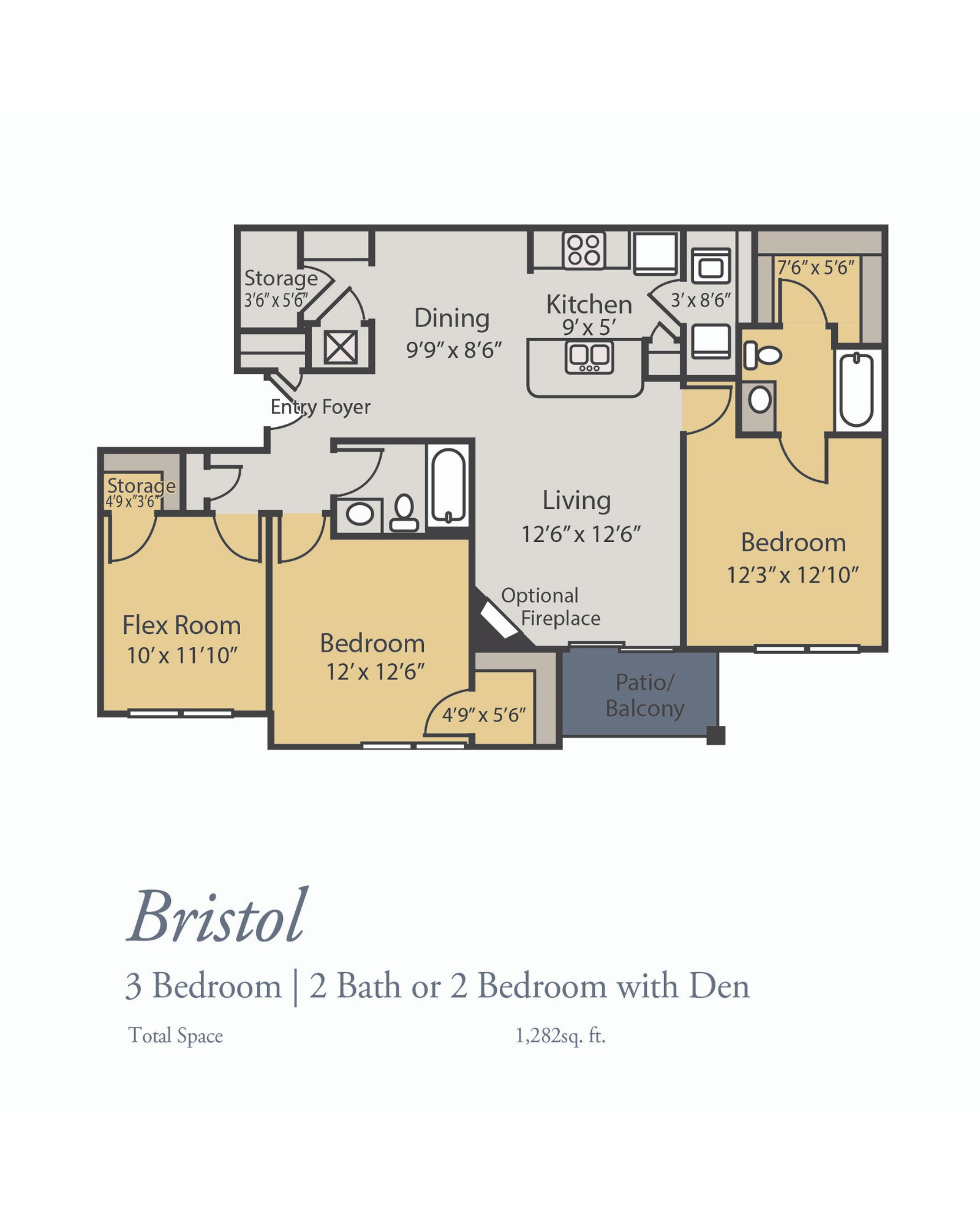 Bristol Floor Plan, 3 Bedrooms, 2 Baths or 2 Bedrooms, a flex room, and 2 baths 