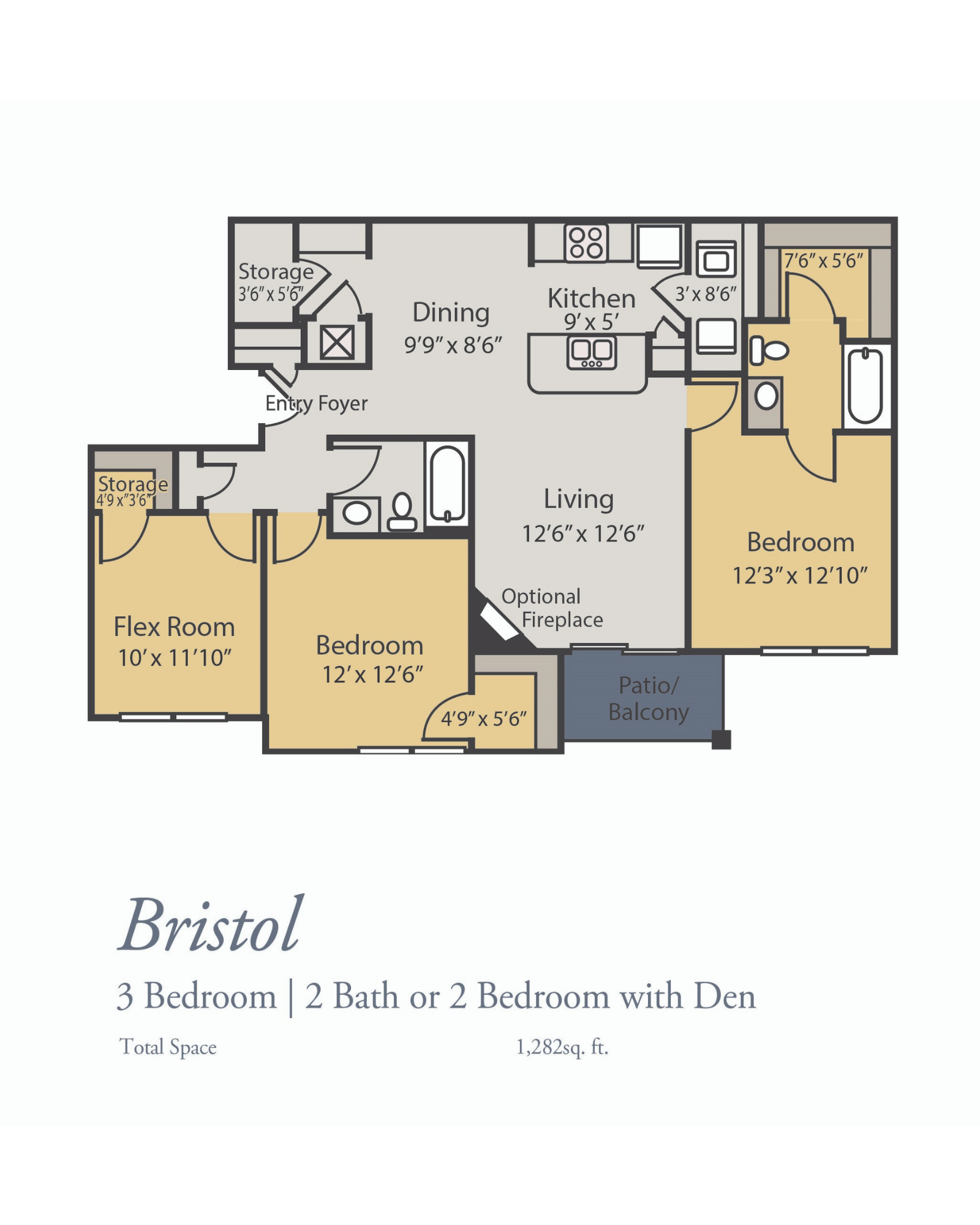 Bristol Floor Plan, 3 Bedrooms, 2 Baths or 2 Bedrooms, a flex room, and 2 baths