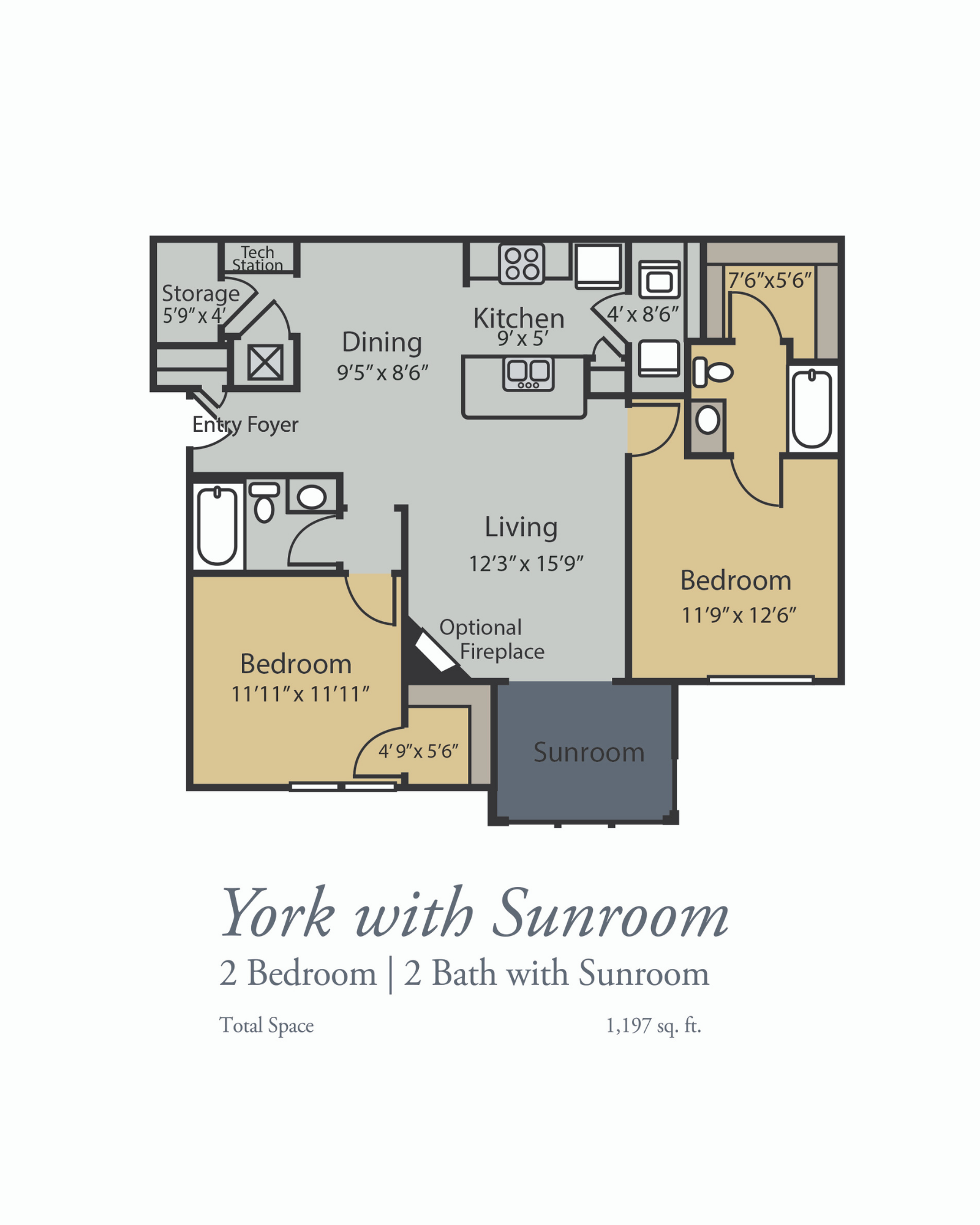 York Floor Plan, 2 Bedrooms, 2 Baths with Sunroom