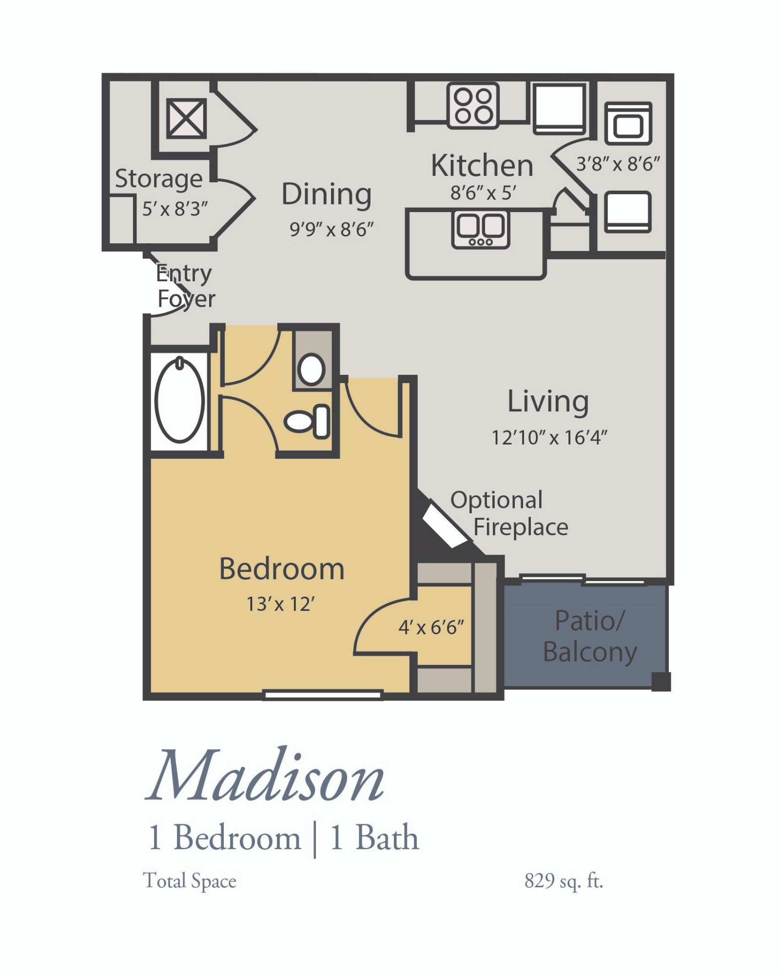Madison Floor Plan, 1 Bedroom, 1 Bath